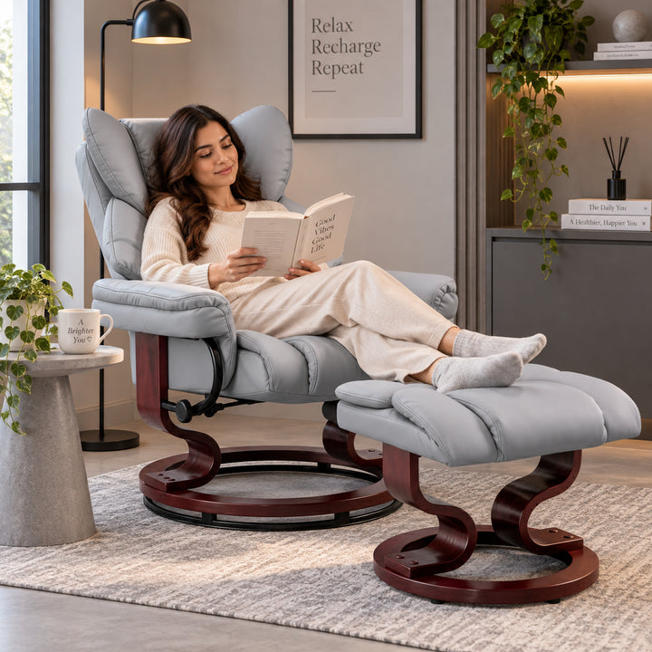 [Grey- PU Leather] Swivel Recliner Chair with Footstool - Recliner Armchair in grey leather with wooden base, ideal for living rooms. Includes padded backrest and armrests.
