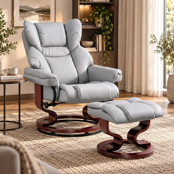 [Grey- PU Leather] upholstered recliner chair with a matching ottoman, shown in a styled living room setting with a rug, side table, curtains, and shelving in the background.