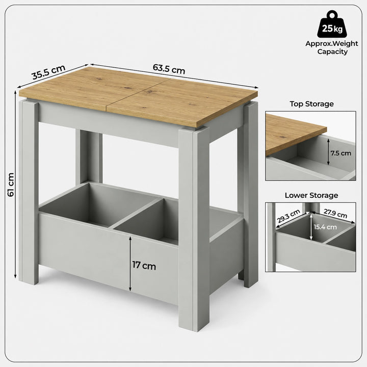 [Grey] Side table dimension graphic showing 63.5cm length, 35.5cm width, 61cm height and inset views of both storage areas.