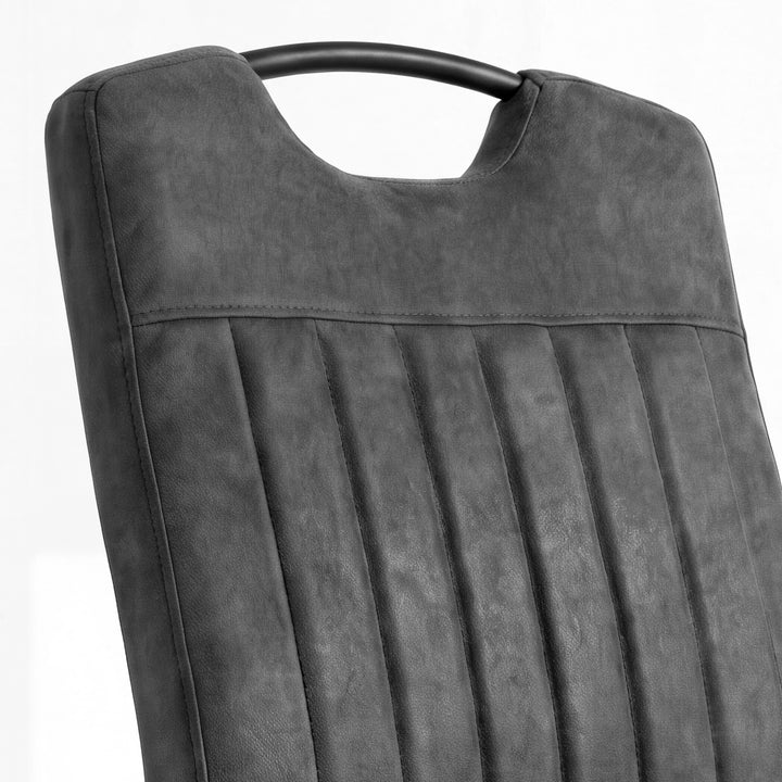 [Grey] Close-up of tall stitched back with suede-effect upholstery, vertical channels and black carry grip.
