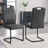 [Grey] Front and rear high-back metal dining chair views with carry grips, padded seats and black loop frames.
