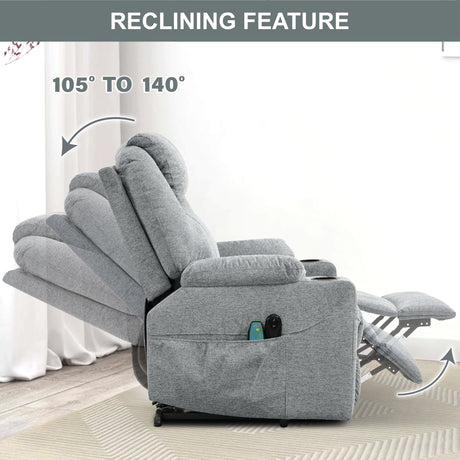 Side view of light grey electric armchair reclining from 105° to 140° for max comfort, with integrated footrest.