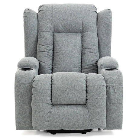 Front view of grey fabric electric riser recliner chair with plush cushioning. Ideal for elderly comfort and living room use.