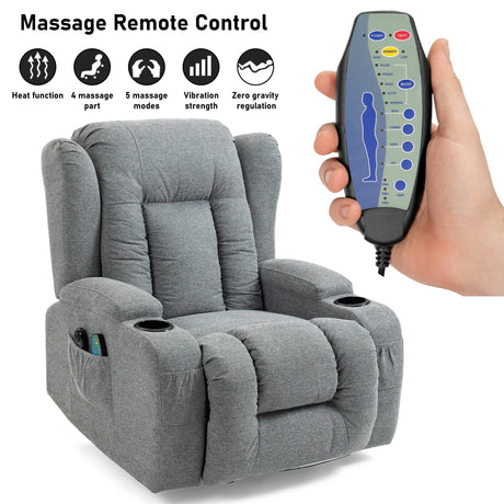 Massage remote control for grey recliner chair with heat and vibration settings. Designed for easy use by seniors.