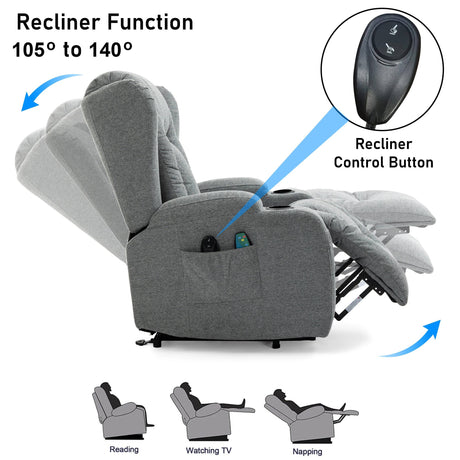 Grey recliner chair showing adjustable reclining angles with control button. Suitable for reading, relaxing, and watching TV.