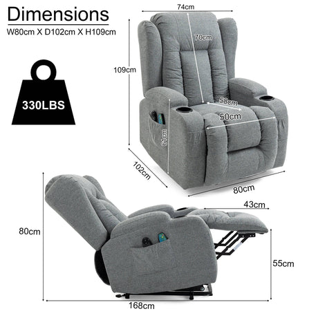 Dimensions of grey electric riser recliner chair with 330lbs capacity. Ergonomic design for elderly comfort and full recline.