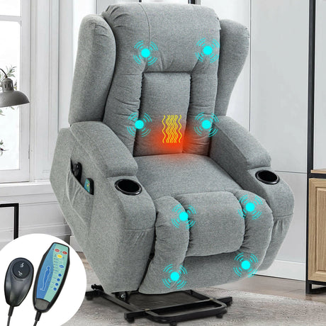 Grey fabric power recliner chair for elderly, featuring heat, 8 point massage, and cup holder.