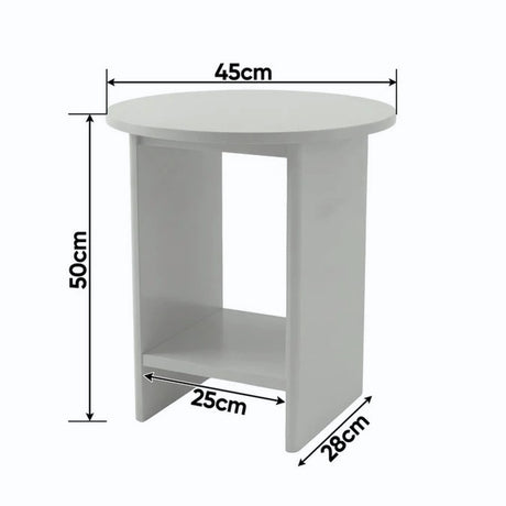 [Grey] Small Round Side Table with Shelf Living Room dimensions diagram showing 45cm diameter top, 50cm height, 28cm depth and lower storage shelf clearance