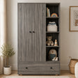 [Grey Wooden] Selby wardrobe front lifestyle view with two-door panel, open shelves displaying folded clothes and accessories