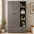 [Grey Wooden] Selby wardrobe front lifestyle view with two-door panel, open shelves displaying folded clothes and accessories