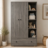 [Grey Wooden] Selby wardrobe front lifestyle view with two-door panel, open shelves displaying folded clothes and accessories