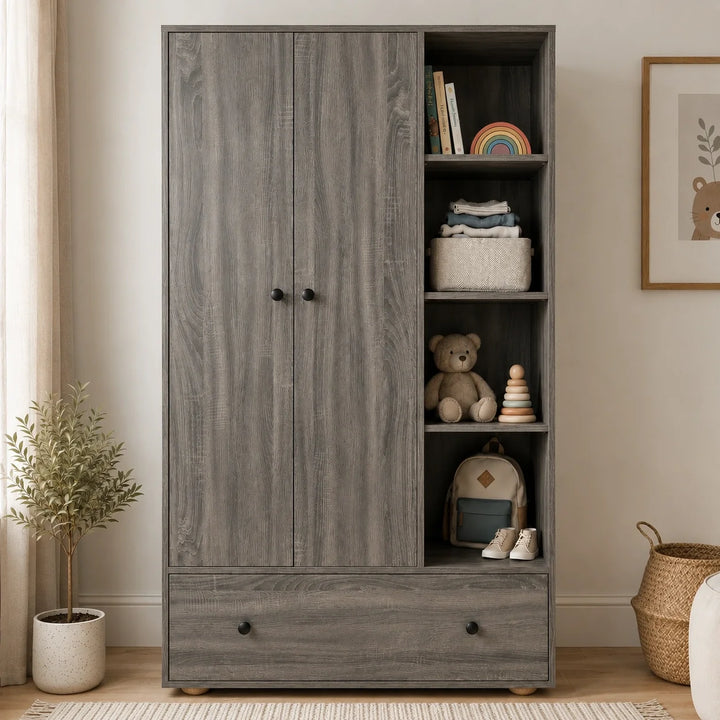 [Grey Wooden] Selby wardrobe front lifestyle view with two-door panel, open shelves displaying folded clothes and accessories