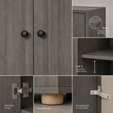 [Grey Wooden] Wardrobe information showing a grey wood door and round knobs, including close-up views of the doors, shelf, hinge, legs, etc