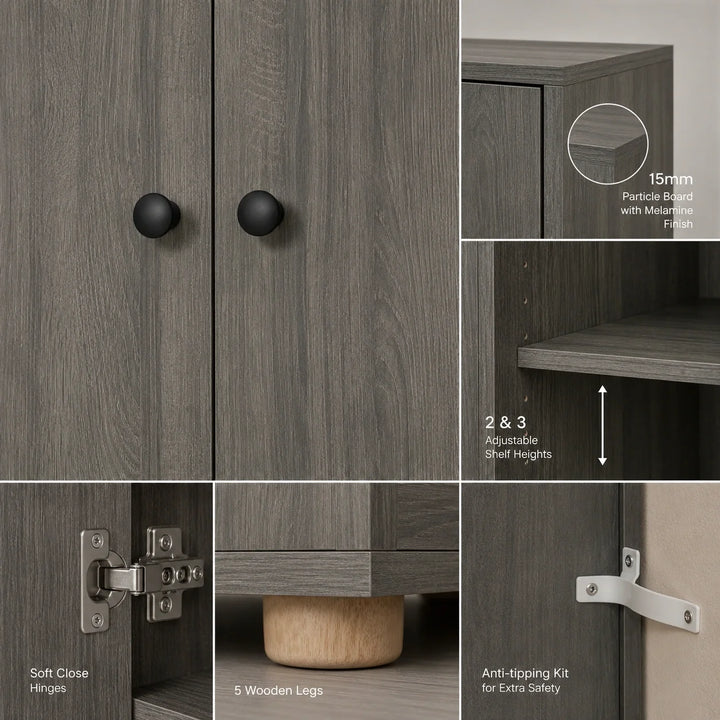 [Grey Wooden] Wardrobe information showing a grey wood door and round knobs, including close-up views of the doors, shelf, hinge, legs, etc