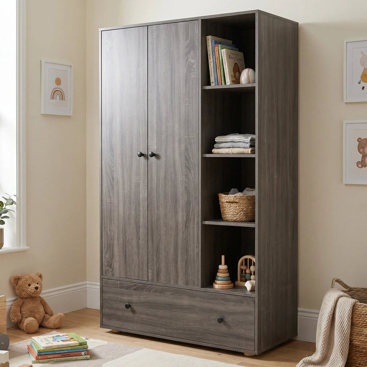 [Grey Wooden] Selby wardrobe angled lifestyle view showing two-door section, open shelving with folded clothes, and large drawer