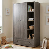 [Grey Wooden] Selby wardrobe angled lifestyle view showing two-door section, open shelving with folded clothes, and large drawer