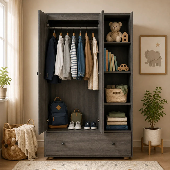 [Grey Wooden] Selby wardrobe interior open showing hanging rail with clothes, open shelves with accessories, and wide bottom drawer
