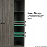 [Grey Wooden] Selby wardrobe open shelving section showing 3-level adjustable shelf positions with green highlight indicators