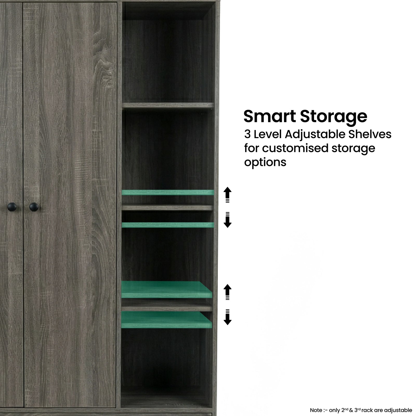 [Grey Wooden] Selby wardrobe open shelving section showing 3-level adjustable shelf positions with green highlight indicators