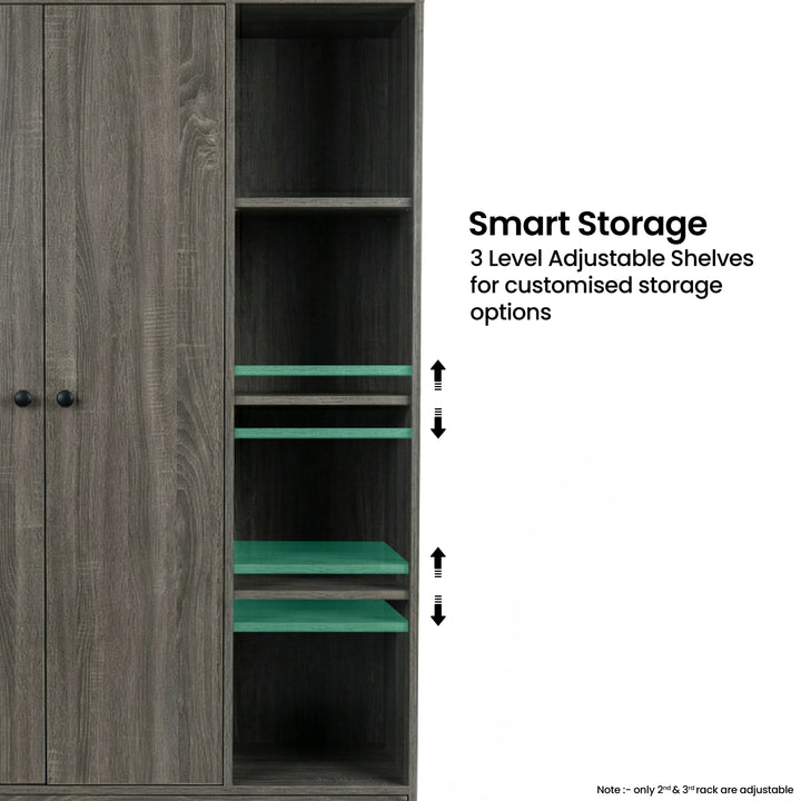 [Grey Wooden] Selby wardrobe open shelving section showing 3-level adjustable shelf positions with green highlight indicators