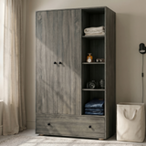[Grey Wooden] Selby wardrobe angled lifestyle view showing two-door section, open shelving with folded clothes, and large drawer