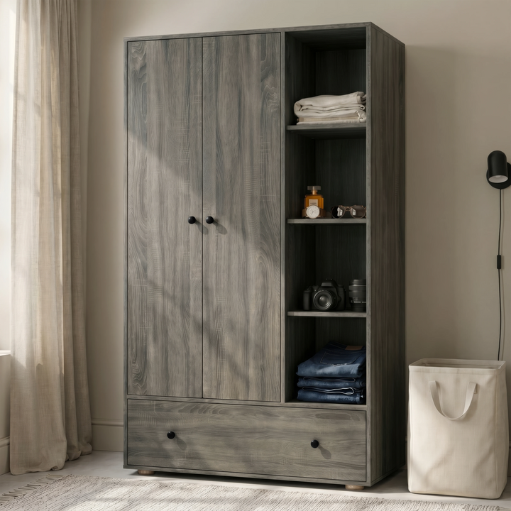 [Grey Wooden] Selby wardrobe angled lifestyle view showing two-door section, open shelving with folded clothes, and large drawer