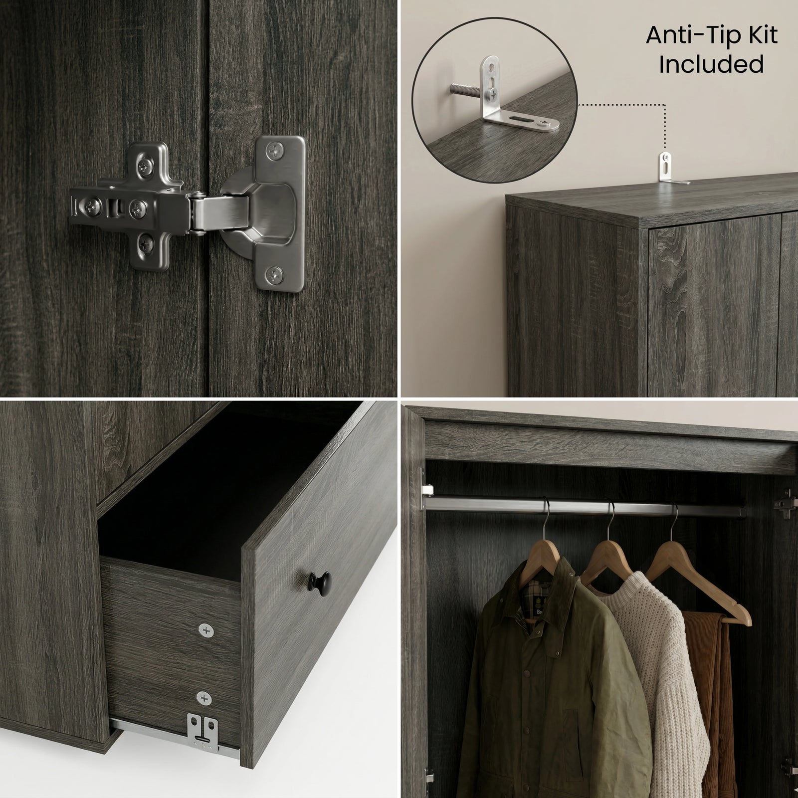 [Grey Wooden] Selby wardrobe detail showing soft-close hinges, anti-tip wall kit, bottom drawer open, and hanging rail inside