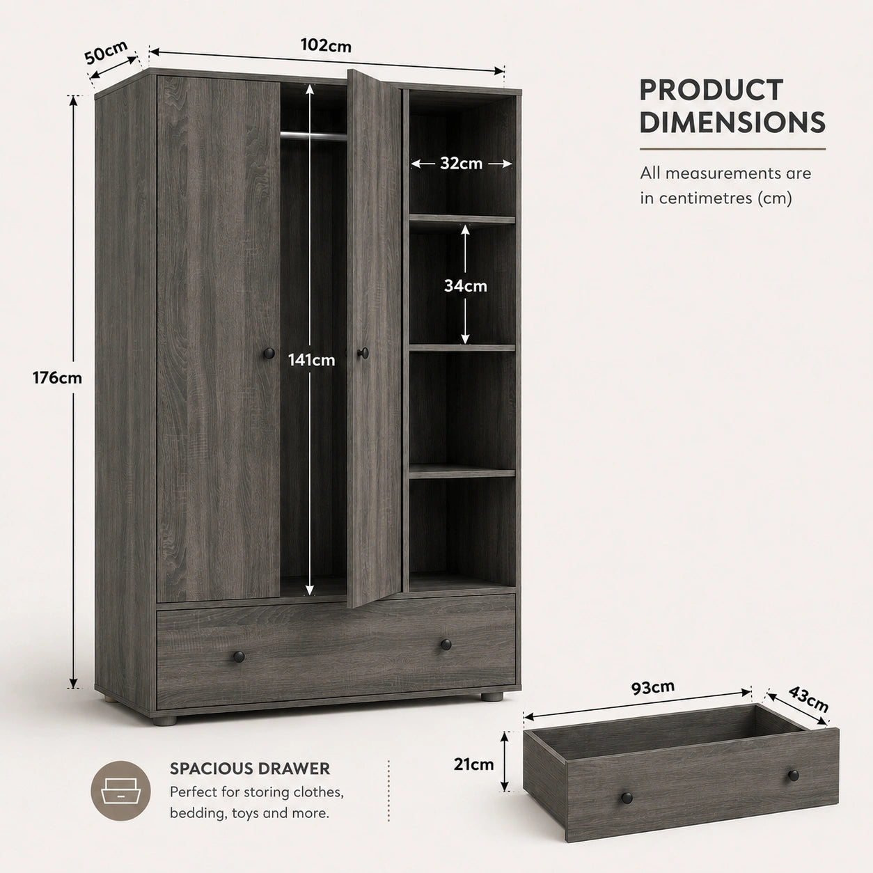 [Grey Wooden] Selby wardrobe technical line drawing with labelled dimensions: 102cm wide, 176cm tall, 50cm deep, 141cm internal height