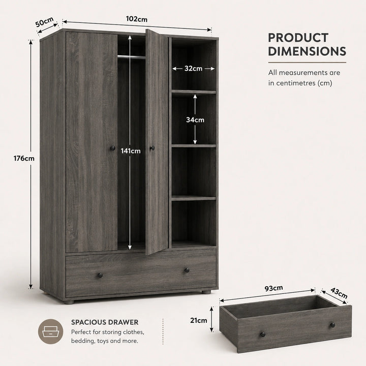 [Grey Wooden] Selby wardrobe technical line drawing with labelled dimensions: 102cm wide, 176cm tall, 50cm deep, 141cm internal height