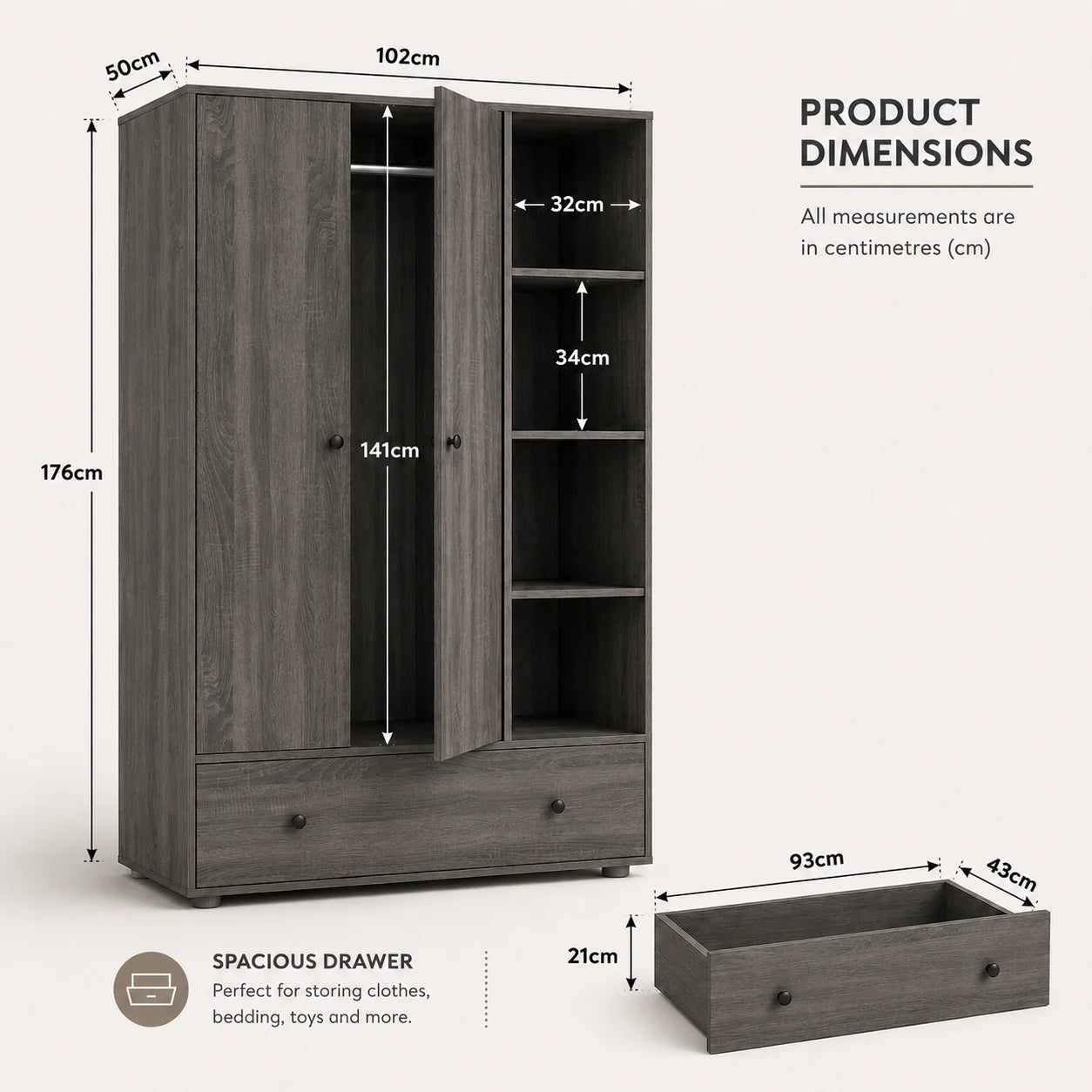 [Grey Wooden] Selby wardrobe technical line drawing with labelled dimensions: 102cm wide, 176cm tall, 50cm deep, 141cm internal height
