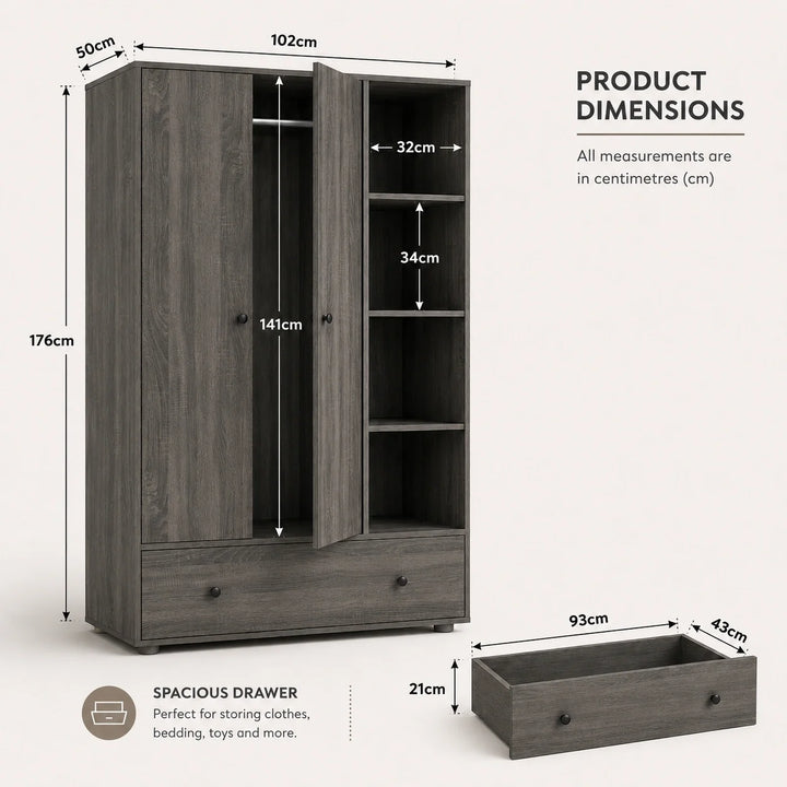 [Grey Wooden] Selby wardrobe technical line drawing with labelled dimensions: 102cm wide, 176cm tall, 50cm deep, 141cm internal height
