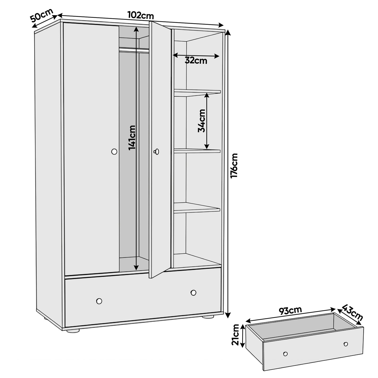 [Grey Wooden] Selby wardrobe technical line drawing with labelled dimensions: 102cm wide, 176cm tall, 50cm deep, 141cm rail height