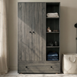 [Grey Wooden] Selby wardrobe front lifestyle view with two-door panel, open shelves displaying folded clothes and accessories