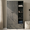 Kids Triple Wardrobe with Drawer & Open Shelves - Wooden Grey