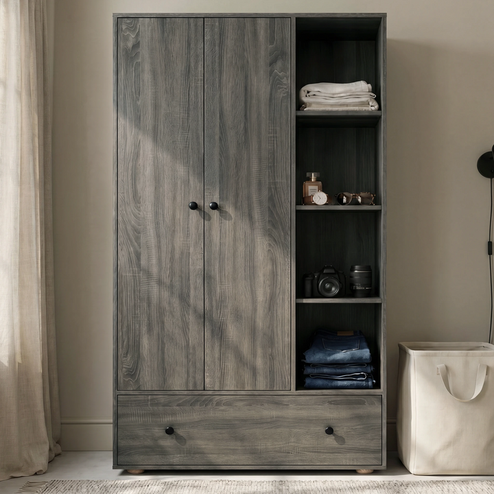 [Grey Wooden] Selby wardrobe front lifestyle view with two-door panel, open shelves displaying folded clothes and accessories