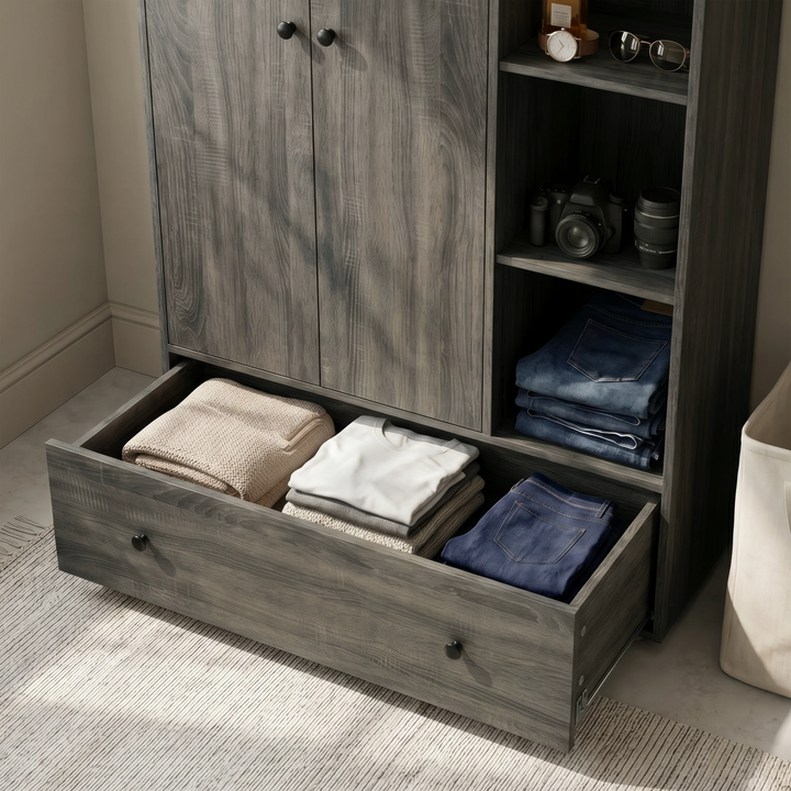 [Grey Wooden] Selby wardrobe bottom drawer pulled open showing folded garments inside alongside open shelves with stacked jeans
