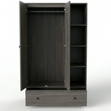 [Grey Wooden] Selby wardrobe fully open front view on white background showing hanging rail, open shelves, and wide bottom drawer
