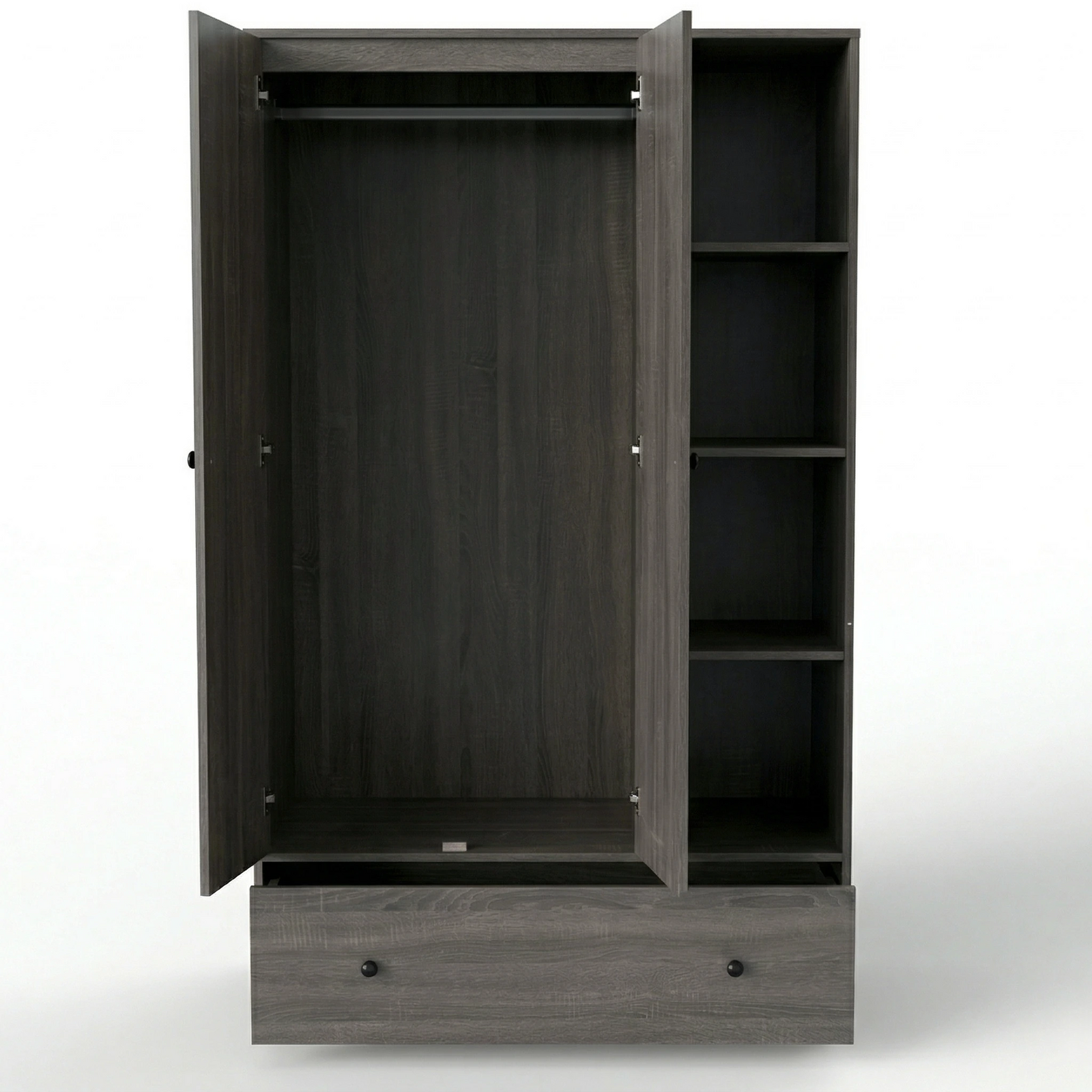 [Grey Wooden] Selby wardrobe fully open front view on white background showing hanging rail, open shelves, and wide bottom drawer