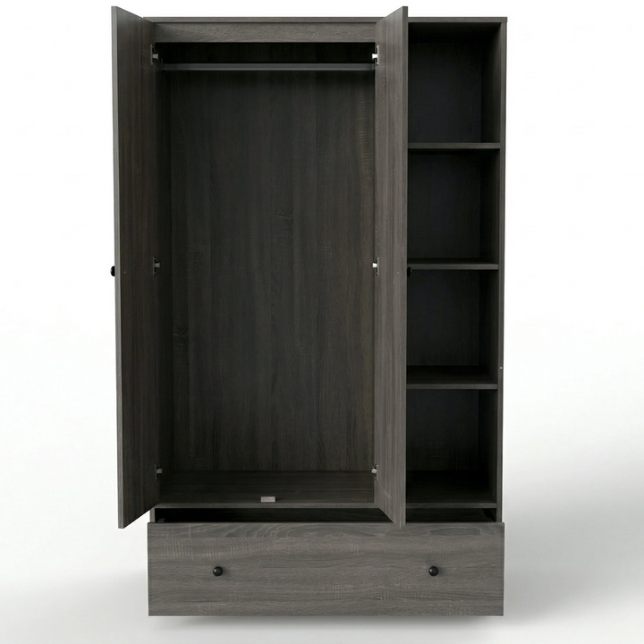 [Grey Wooden] Selby wardrobe fully open front view on white background showing hanging rail, open shelves, and wide bottom drawer