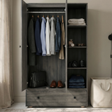 [Grey Wooden] Selby wardrobe interior open showing hanging rail with clothes, open shelves with accessories, and bottom drawer