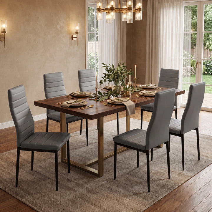 [Grey | Set of 6] PU Leather Dining Chairs Set of 6 with High Back, Padded Seat and Black Metal Legs for Dining Room
