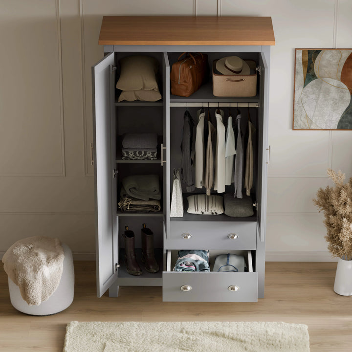 [Grey] wardrobe interior with 4 left shelves full hanging rail and 2 bottom drawers open