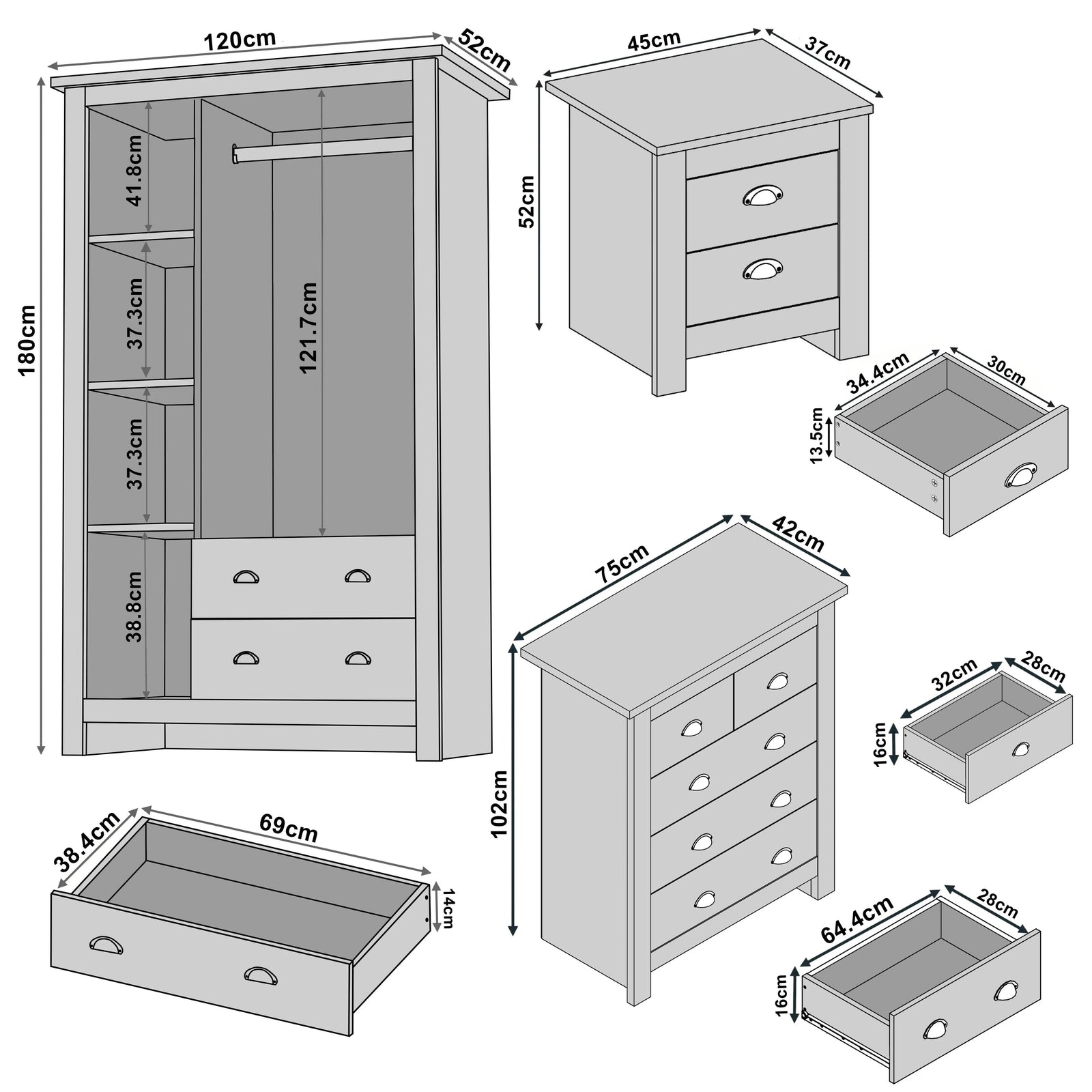 [Grey] bedroom set dimensions: wardrobe 120x52x180cm chest 75x42x102cm bedside 45x37x52cm