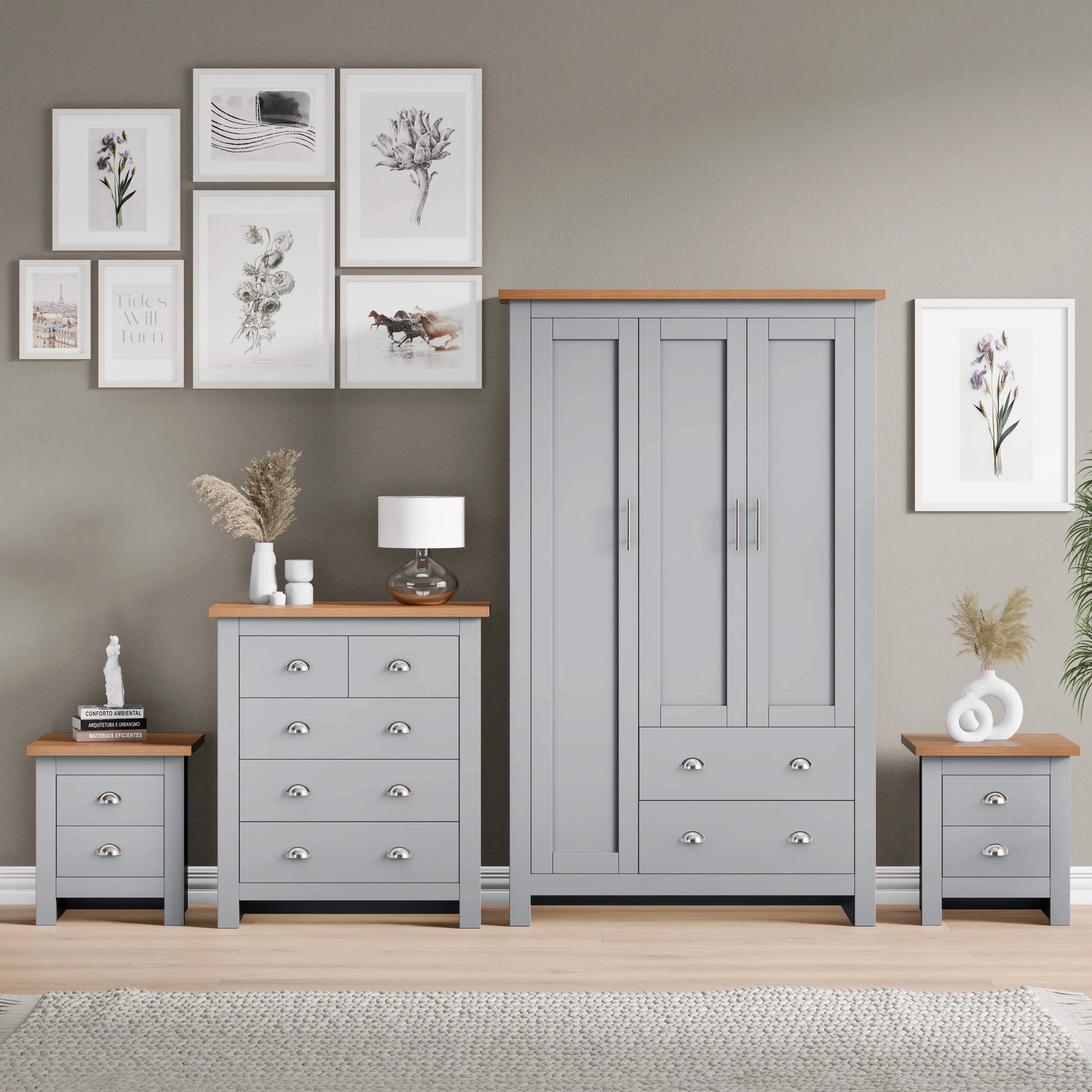 [Grey] 4 piece bedroom set styled against grey wall with gallery art and decor