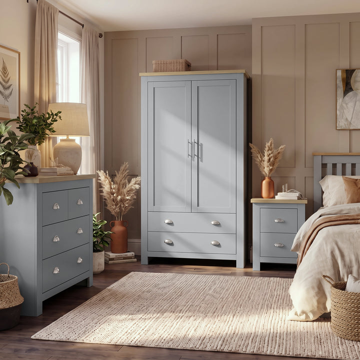 [Grey] Bedroom scene with wardrobe, chest and bedside arranged around a bed, rug, lamp, plants, and wall art
