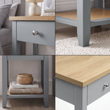 [Grey] 4-panel detail collage showcasing knob, legs, shelf, and oak top on Grey Shaker Bedside Table.