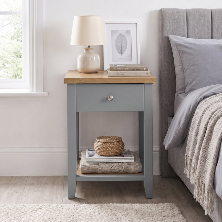 [Grey] Front view of Grey Shaker Bedside Table with single drawer and lower open storage shelf.