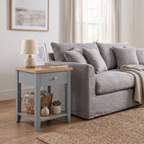 [Grey] Grey Shaker Bedside Table styled as an end table beside a modern grey sofa.