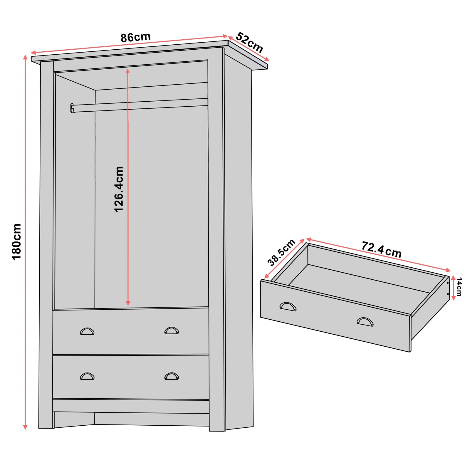 [Grey] Grey Shaker double wardrobe schematic, body 86 x 52 x 180 cm, hanging 126.4 cm, drawer 72.4 x 38.5 x 14 cm    