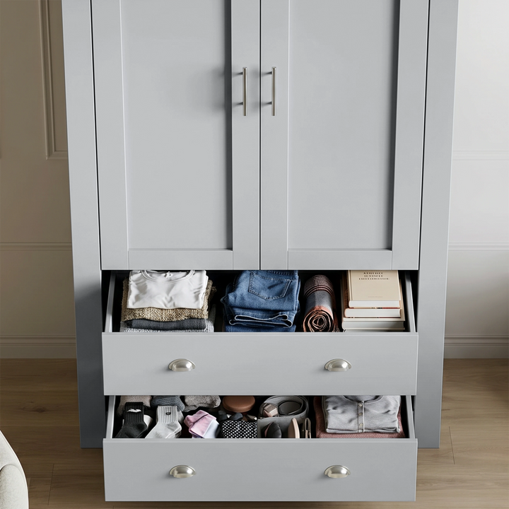 [Grey] Shaker wardrobe drawer detail showing folded clothes, books, socks, accessories, cup handles, and panel doors.
